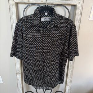 LeFrog Original Geometric‎ Print Button Up Shirt Mens Small Black Tan Blue Y2K